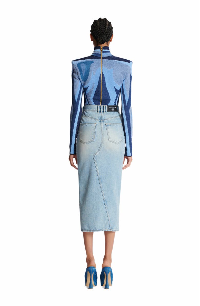 Balmain Denim Midi Skirt, Alternate, color, Blue