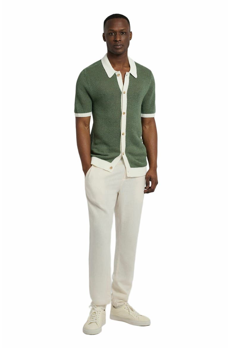 Linen Short Sleeve Button Up Sweater, Main, color, SEASPRAY/WHITE