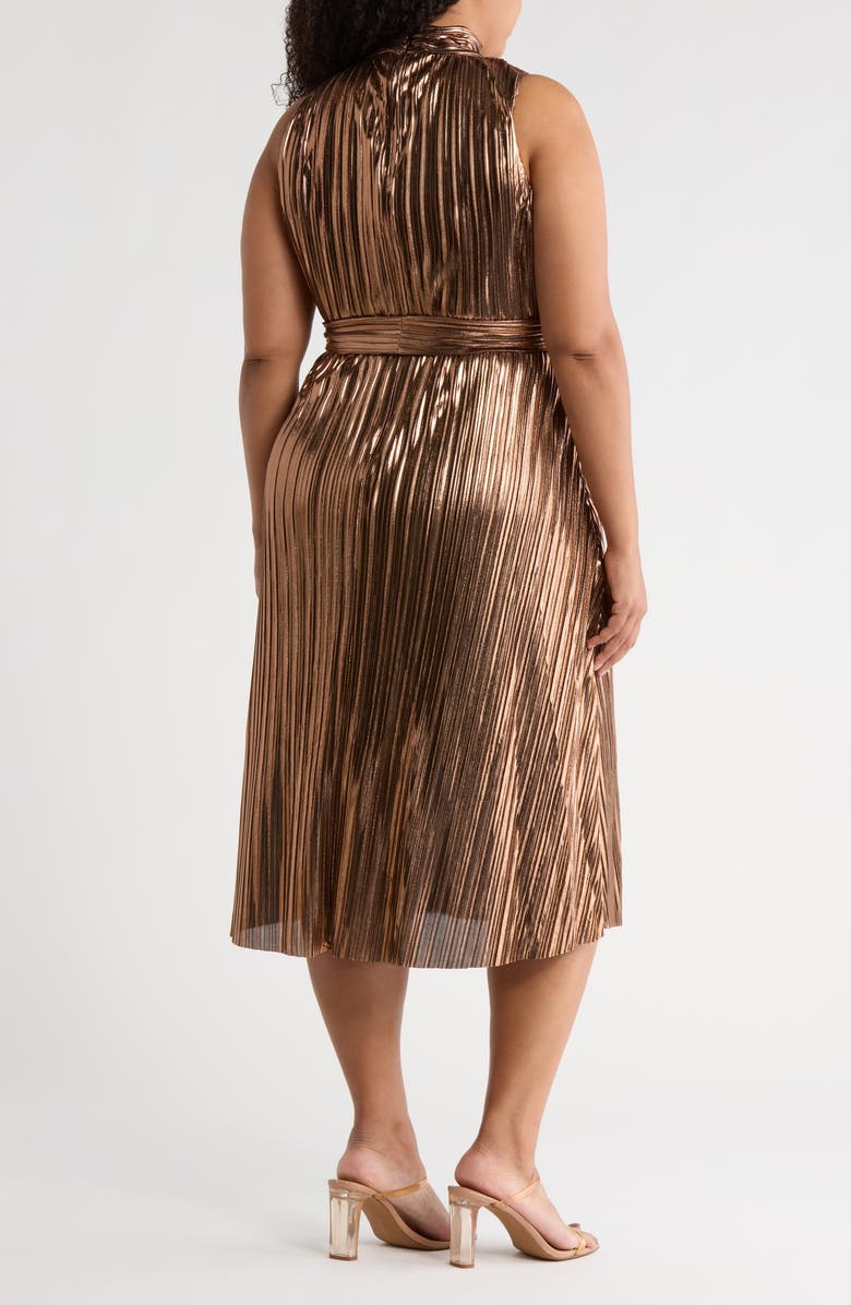 Eliza J Sleeveless Metallic Pleated Midi Dress, Alternate, color, Copper