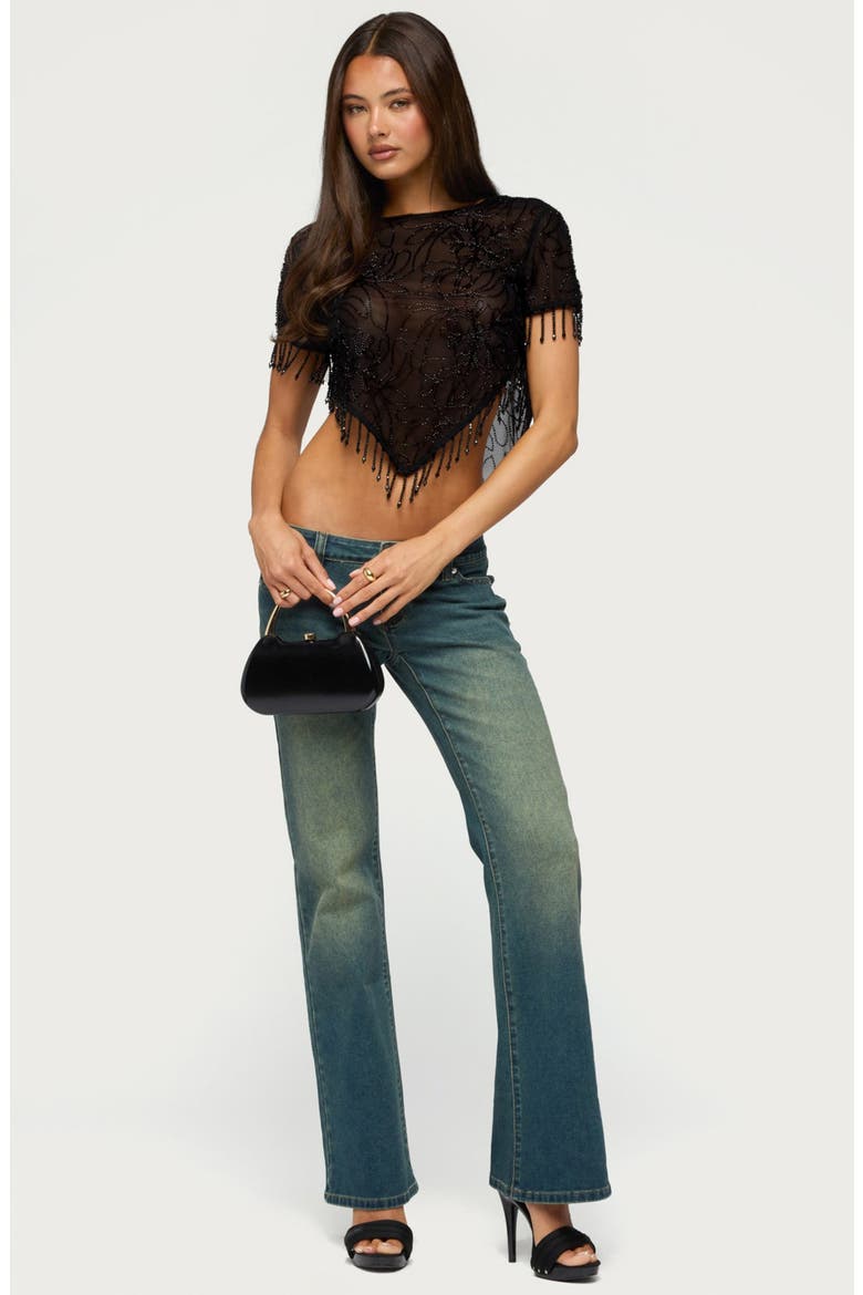Yanna Beaded Fringe Poncho Crop Top, Alternate, color, BLACK