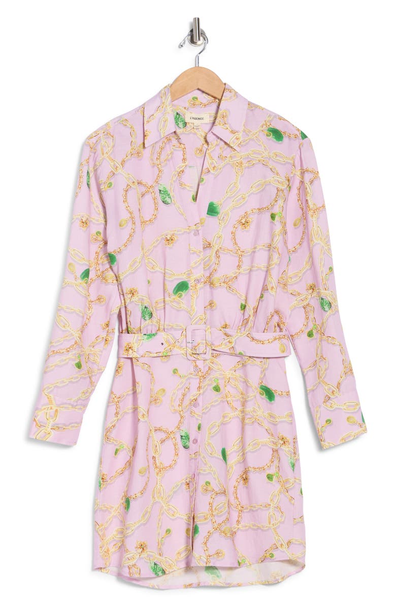 L'AGENCE Demie Linen Blend Mini Shirtdress, Alternate, color, Pale Orchid Multi Jade Chain