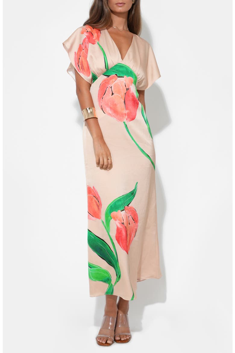 Madelyn Floral Flutter Sleeve Satin Maxi Dress, Alternate, color, FLORAL PRINT