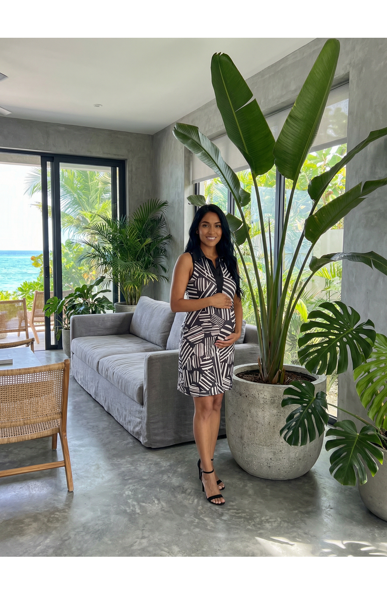 24seven Comfort Apparel Maternity Geometric Sleeveless Collar Knee Length Shift Dress, Alternate, color, Black Multi