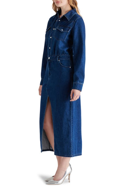 Steve Madden Dakoda Dark Wash Denim Long Sleeve Midi Dress With Pockets In Blue Denim