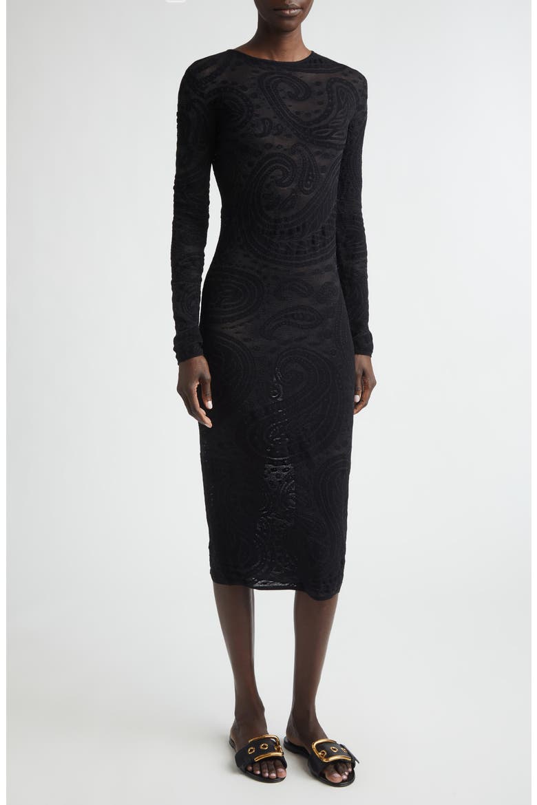 Paisley Intarsia Long Sleeve Midi Sweater Dress, Main, color, BLACK