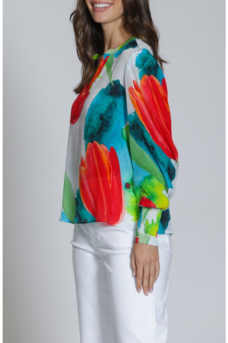 Print Smocked Cuff Top, Alternate, color, RED MULTI