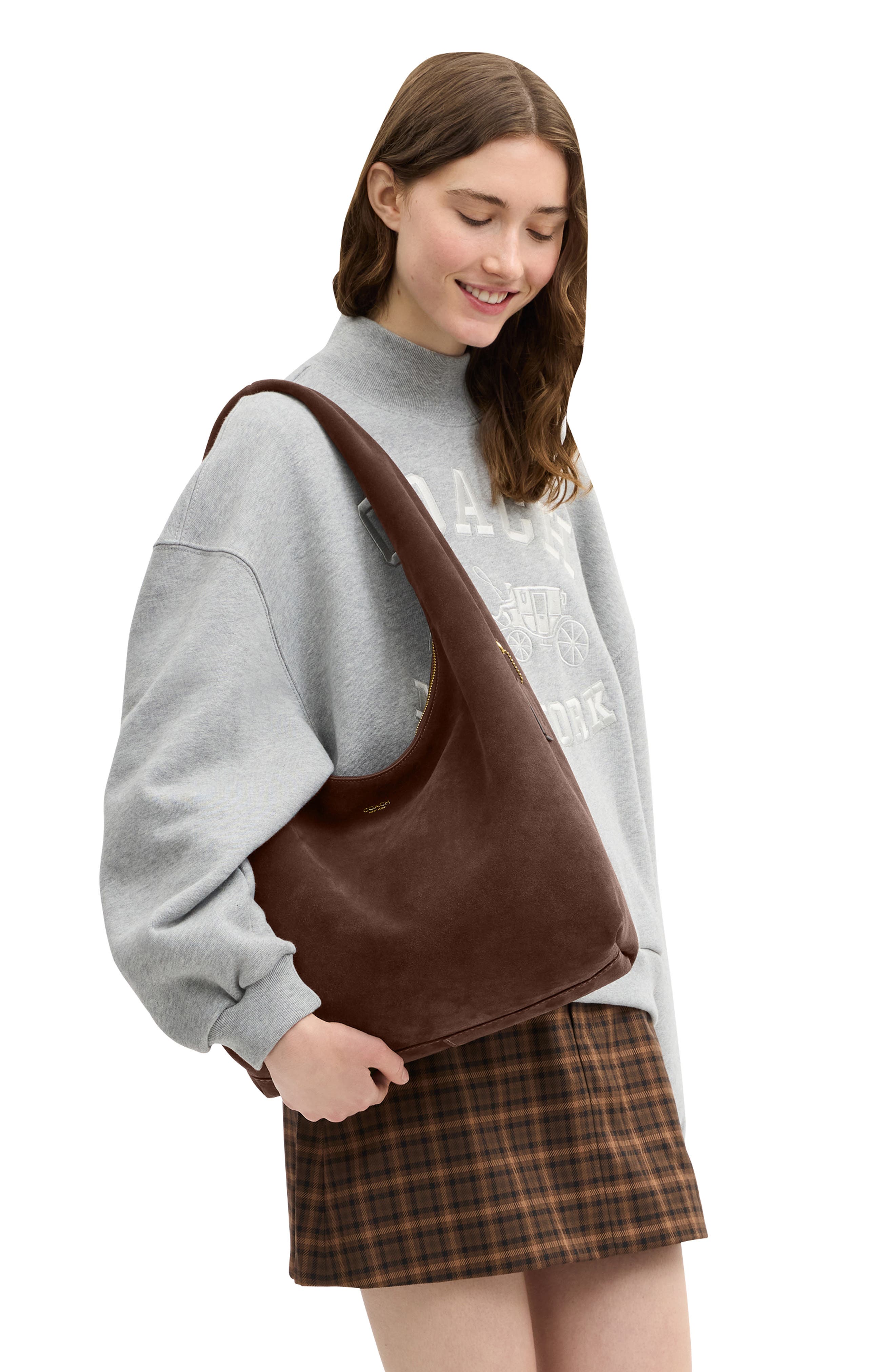 Pillow Brooklyn 34 Suede Shoulder Bag, Alternate, color, B4/ DARK CHOCOLATE