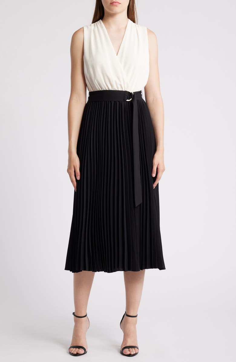 Anne Klein Pleated Belted Surplice V-Neck Dress, Main, color, 