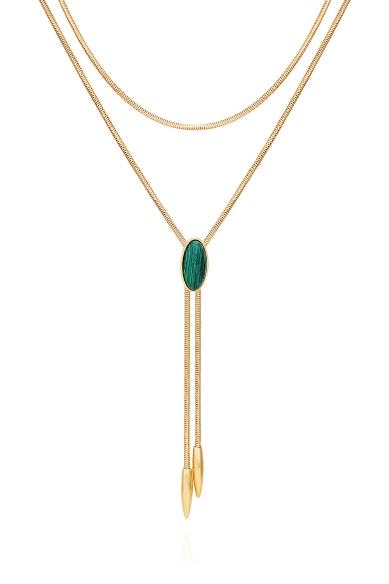 Faux Stone Layered Y-Necklace, Alternate, color, GOLDTONE/ MALACHITE