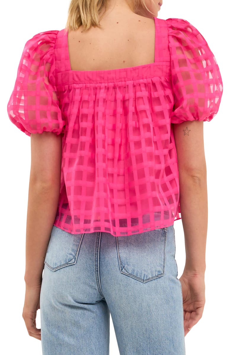 English Factory Grid Pattern Puff Sleeve Organza Top, Alternate, color, Fuchsia