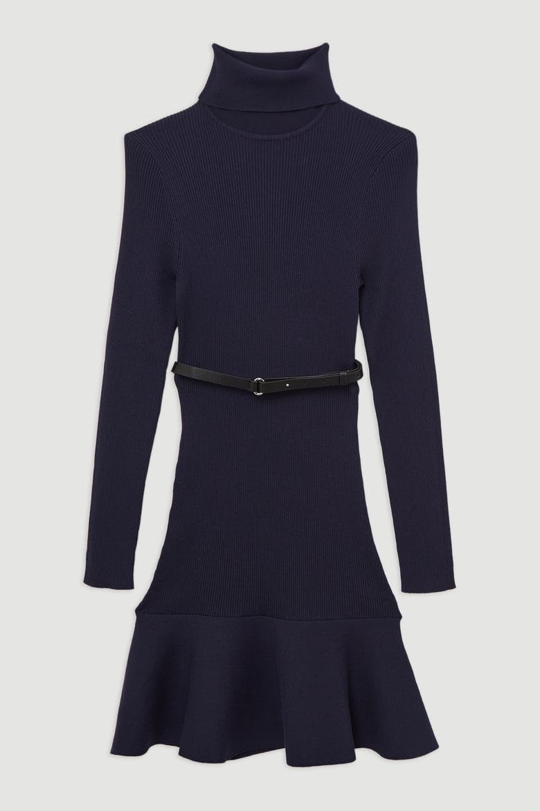 Roll Neck Belted Flippy Hem Mini Dress, Alternate, color, Navy