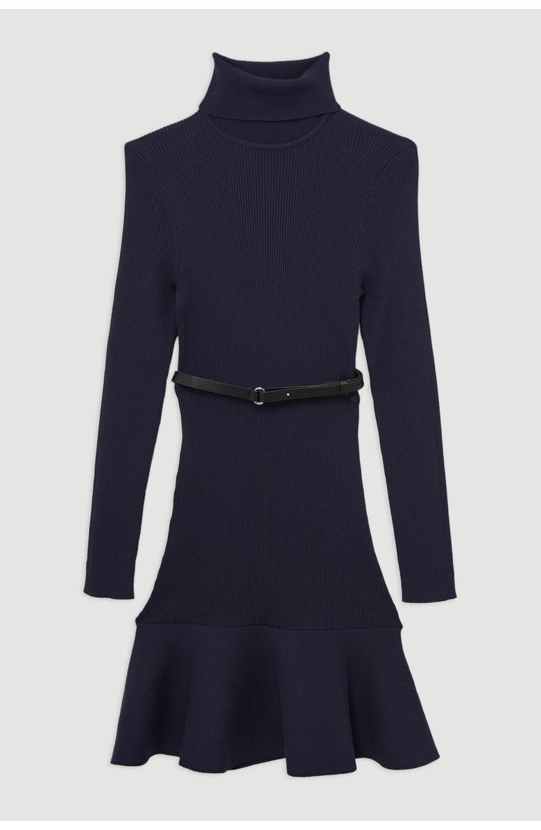 Karen Millen Roll Neck Belted Flippy Hem Mini Dress, Alternate, color, Navy