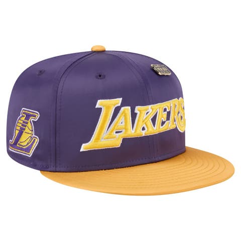 Men's New Era  Purple/Gold Los Angeles Lakers Throwback Satin Vintage Pin Two-Tone 59FIFTY Fitted Hat