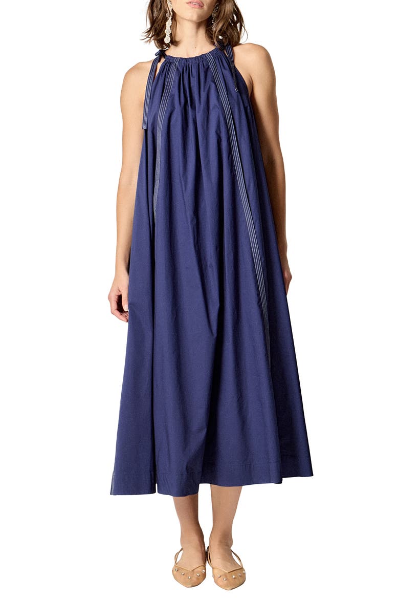 Tie Strap Trapeze Midi Sundress, Main, color, NAVY