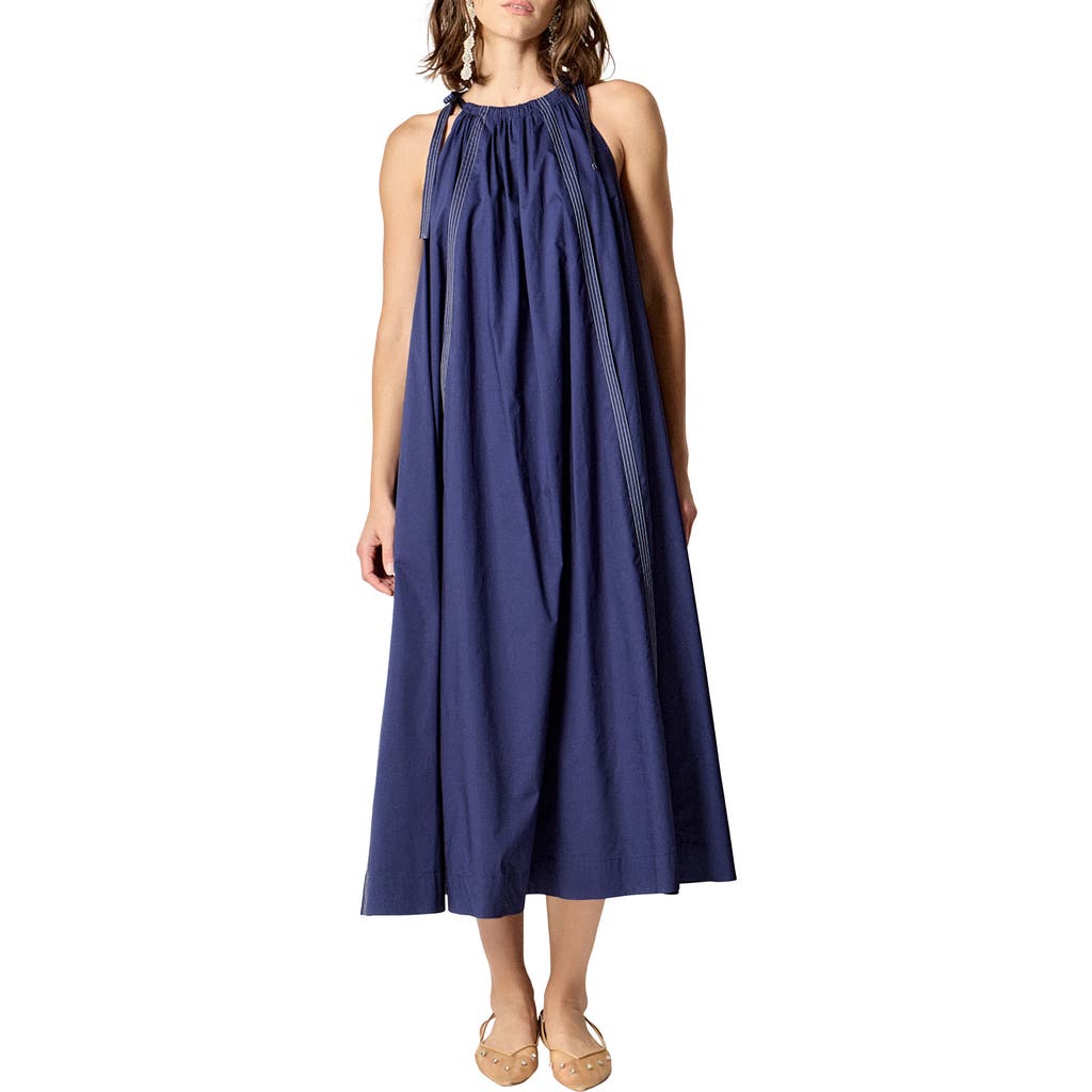 English Factory Tie Strap Trapeze Midi Sundress In Blue