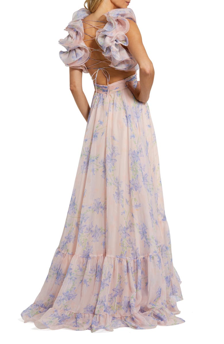 Mac Duggal Women's Ruffle Tiered Floral Cut-Out Chiffon Gown, Alternate, color, Violet Multi