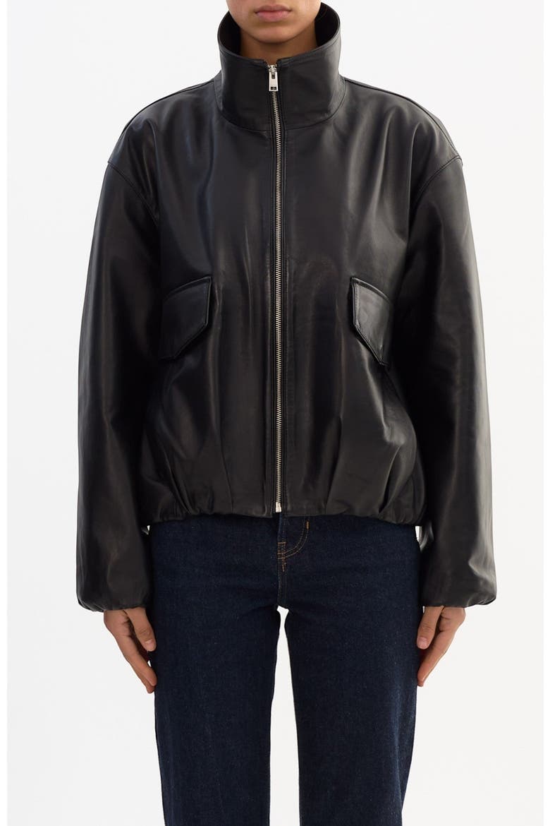 RAMONA | Funnel Neck Leather Jacket, Main, color, Black