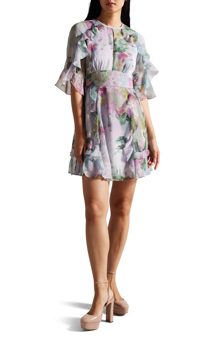 Ted Baker London Maddiey Floral Print Waterfall Ruffle Dress, Main, color, 