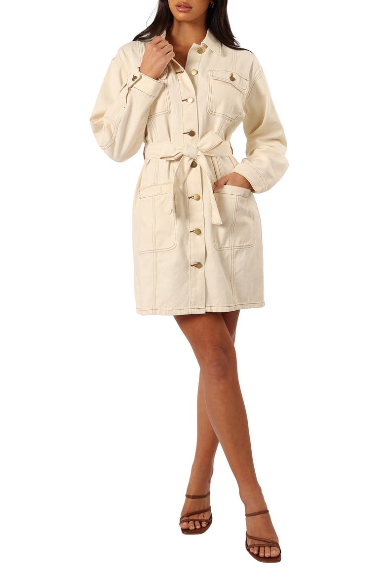 Otto Long Sleeve Denim Mini Shirtdress, Main, color, SAND