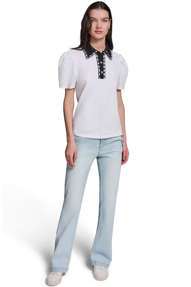 Contrast Collar Puff Sleeve Stretch Cotton Piqué Polo Shirt, Alternate, color, SOFT WHITE