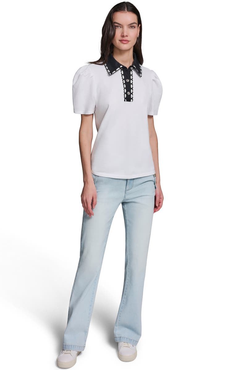 KARL LAGERFELD PARIS Contrast Collar Puff Sleeve Stretch Cotton Piqué Polo Shirt, Alternate, color, Soft White