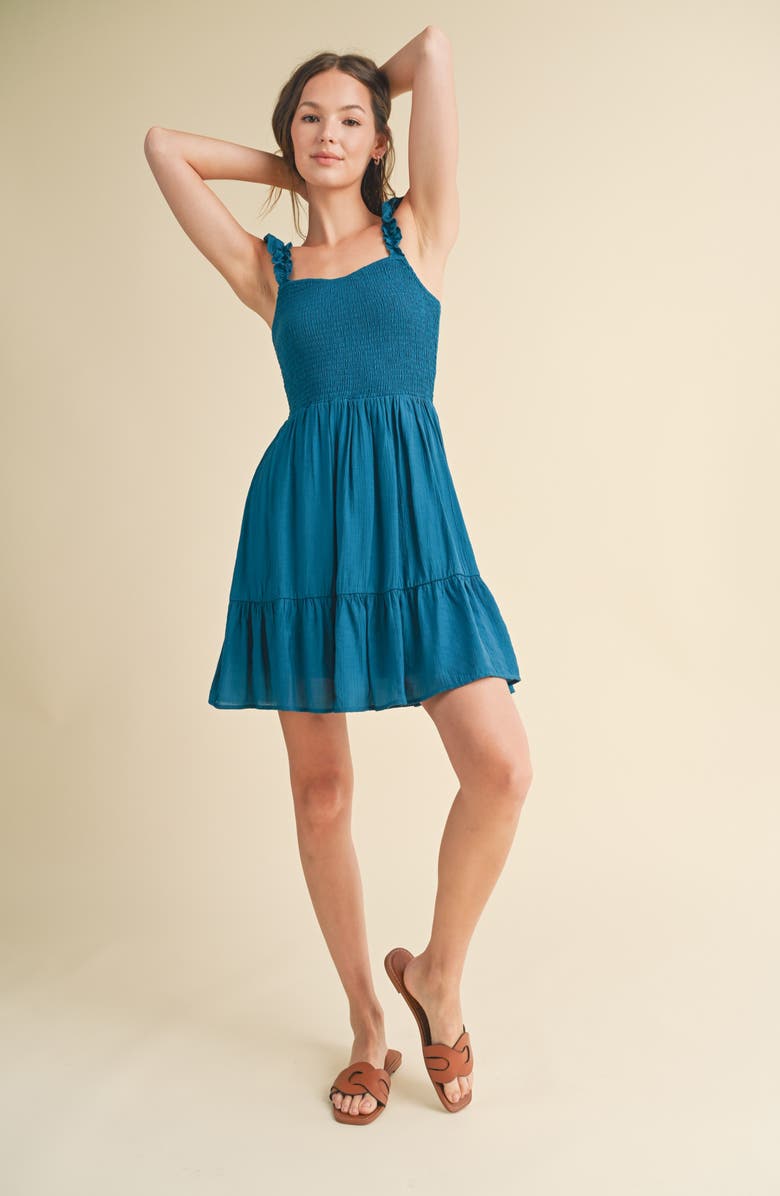 WISHLIST Smocked Ruffle Minidress, Alternate, color, Teal