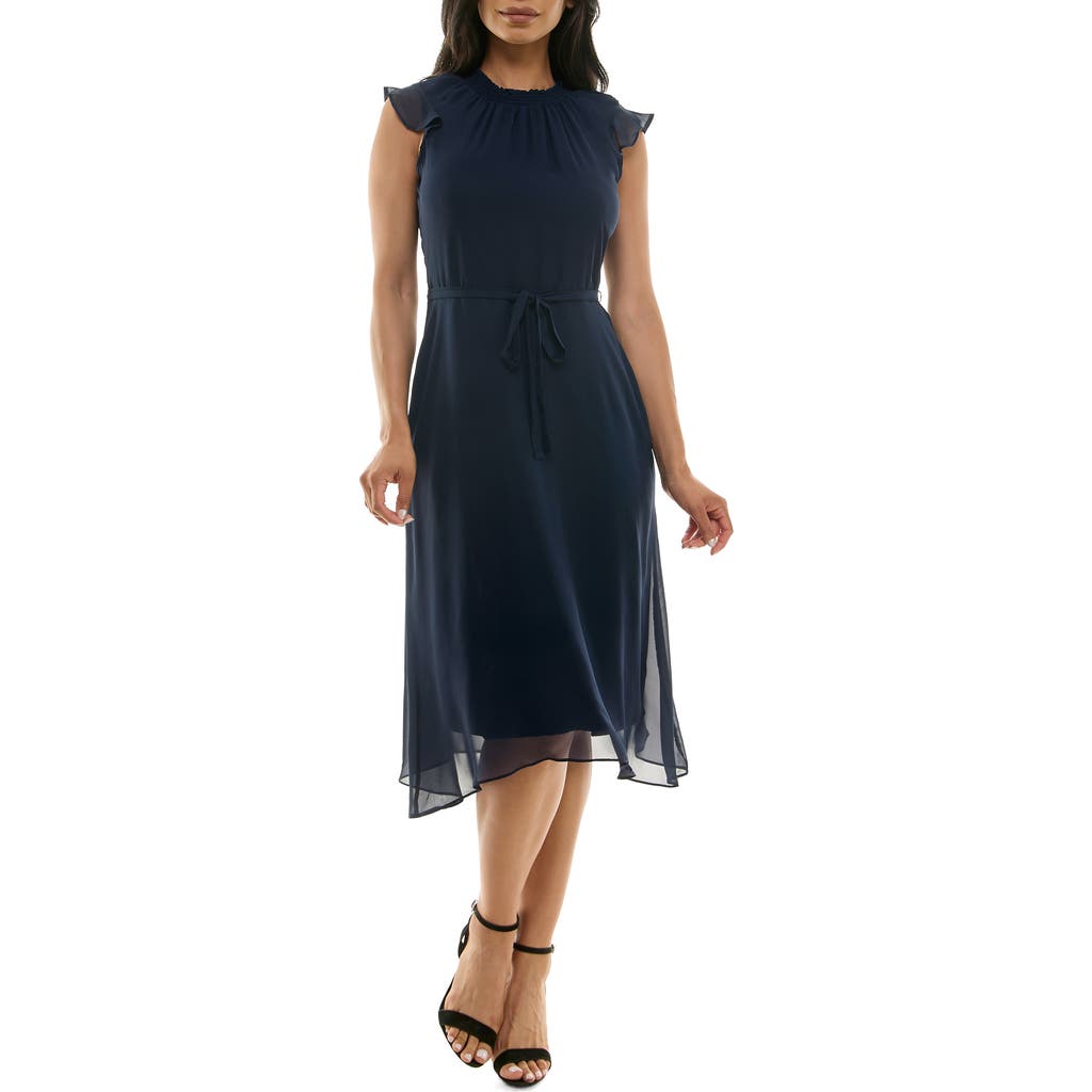 Shop Nina Leonard Flutter Sleeve Chiffon Midi Dress In Navy