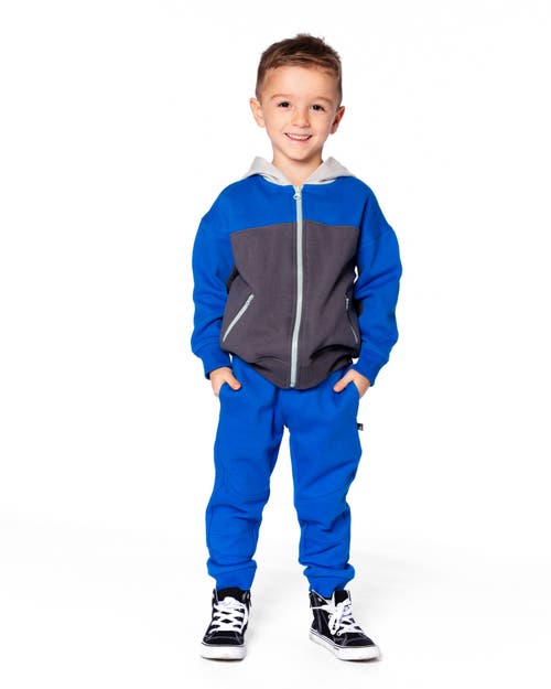 Deux Par Deux Color Blocked Zip Front Fleece Hoodie In Blue