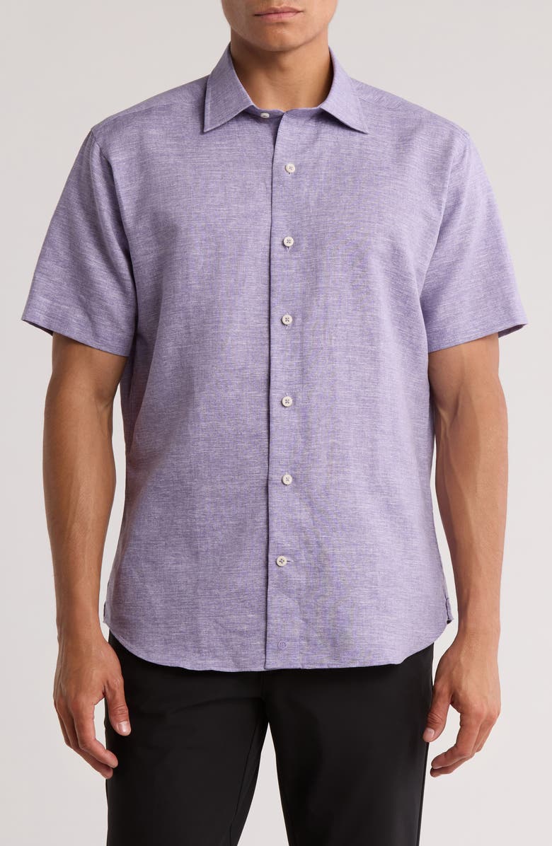 David Donahue Short Sleeve Linen & Cotton Sport Shirt, Main, color, Violet