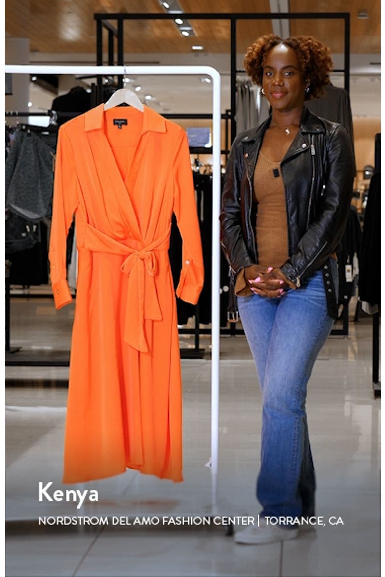 Wrap Front Long Sleeve Hammered Satin Midi Shirtdress video