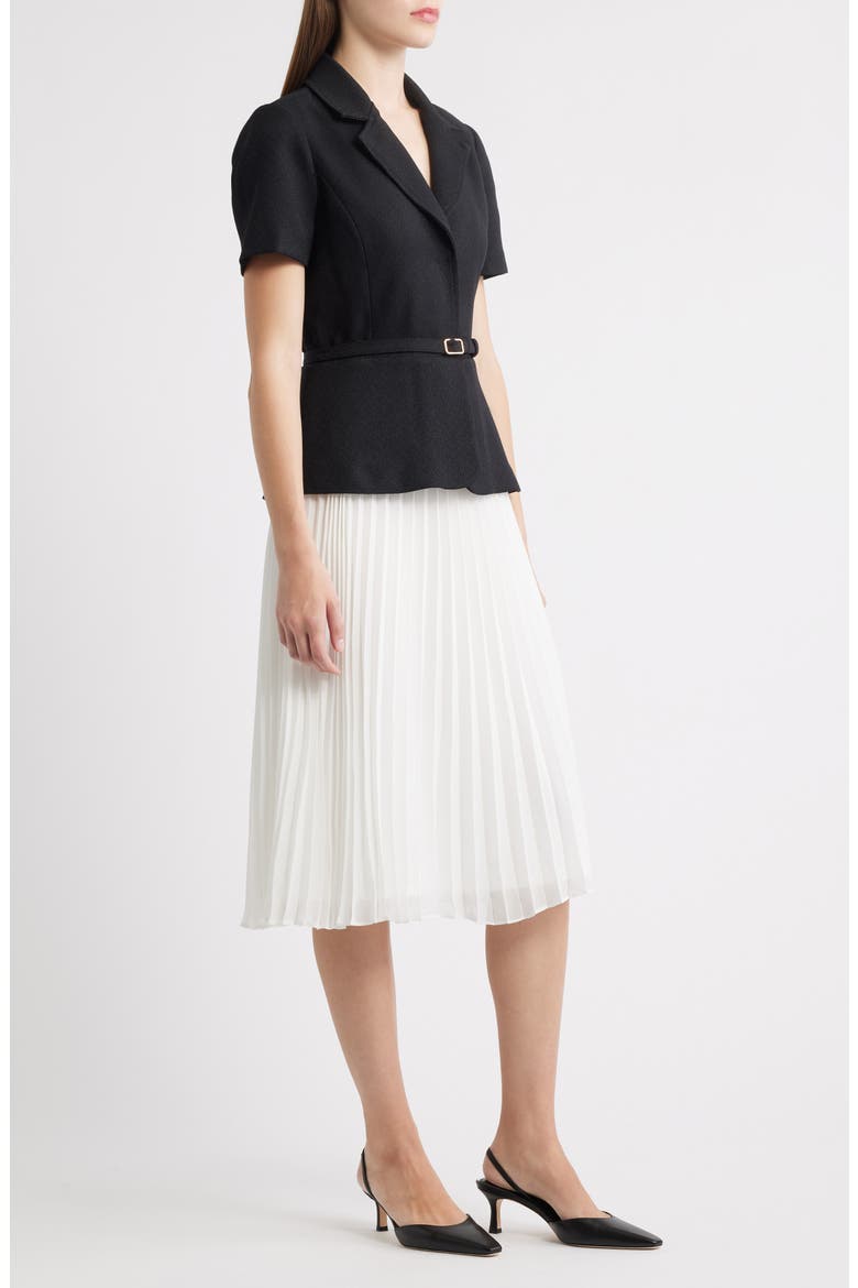 Faux Two-Piece Short Sleeve Belted Midi Dress, Alternate, color, BLACK/IVOR