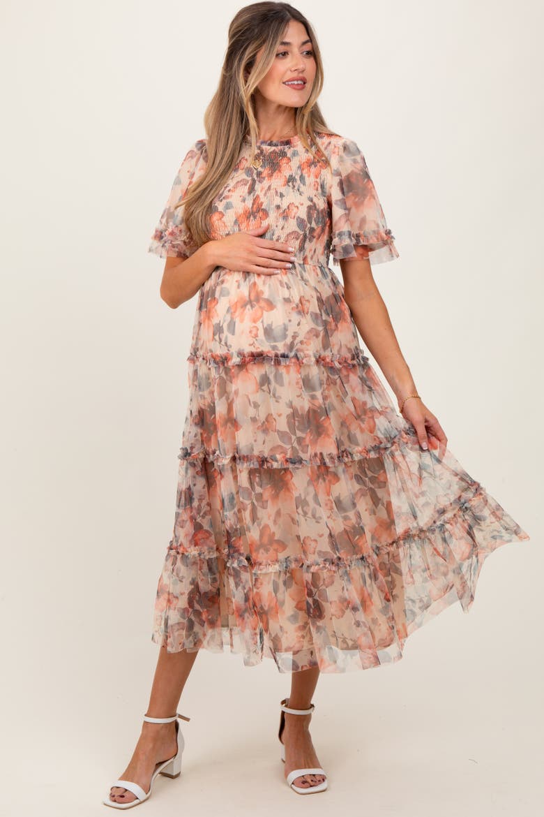 Floral Mesh Smocked Midi Dress, Alternate, color, Peach