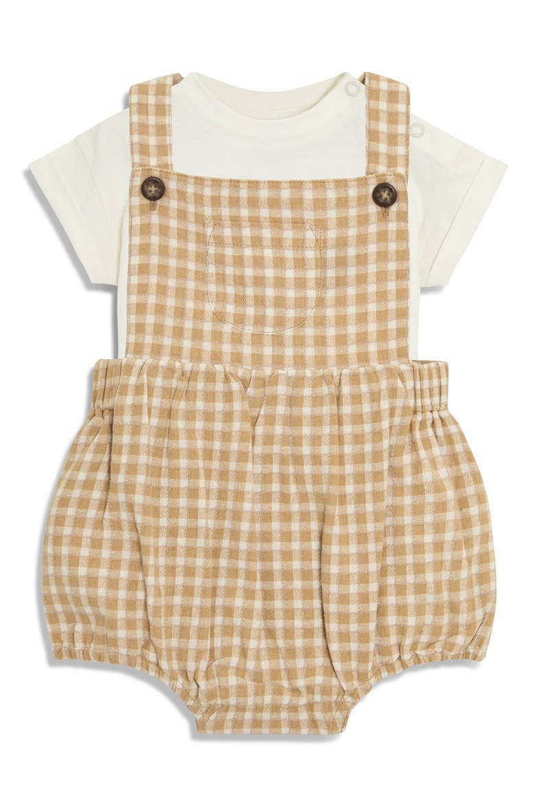 Stripe Cotton Shirt, Romper & Hat Set, Alternate, color, BROWN