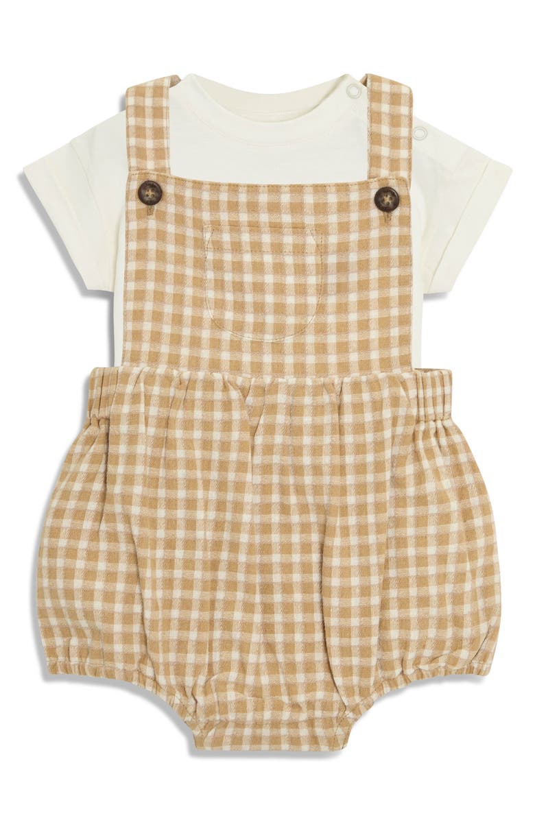 JOJO MAMAN BEBE Stripe Cotton Shirt, Romper & Hat Set, Alternate, color, Brown