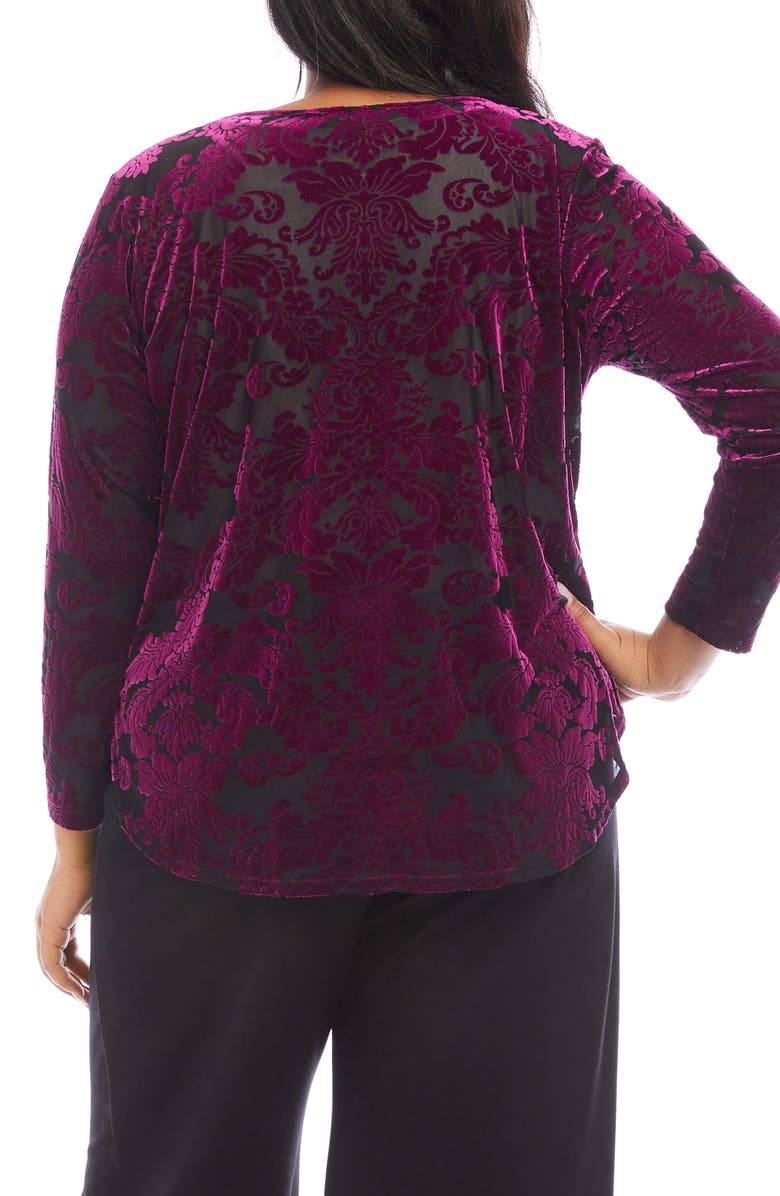Karen Kane Floral Velvet Burnout Shirttail Top, Alternate, color, Wine