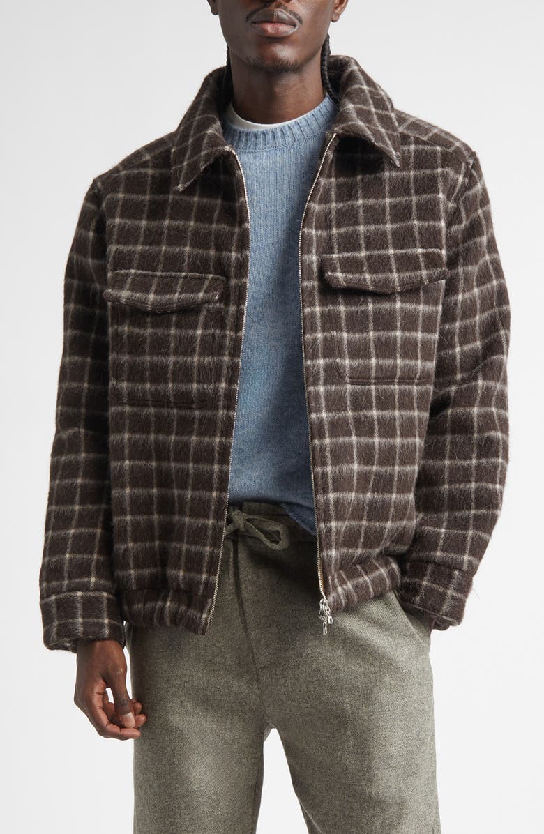 De Bonne Facture Student Windowpane Check Baby Llama Hair Blend Jacket, Main, color, Brown Windowpane Check