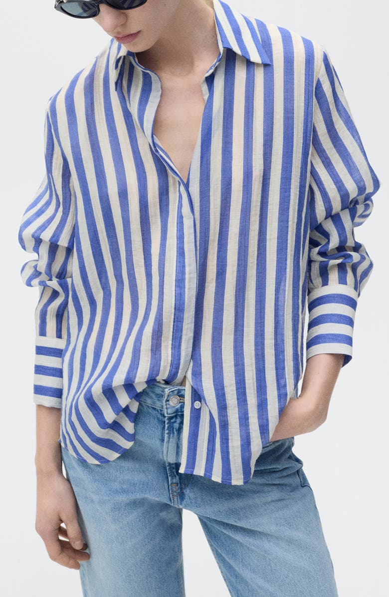 MANGO Stripe Lyocell Blend Button-Up Shirt, Main, color, 