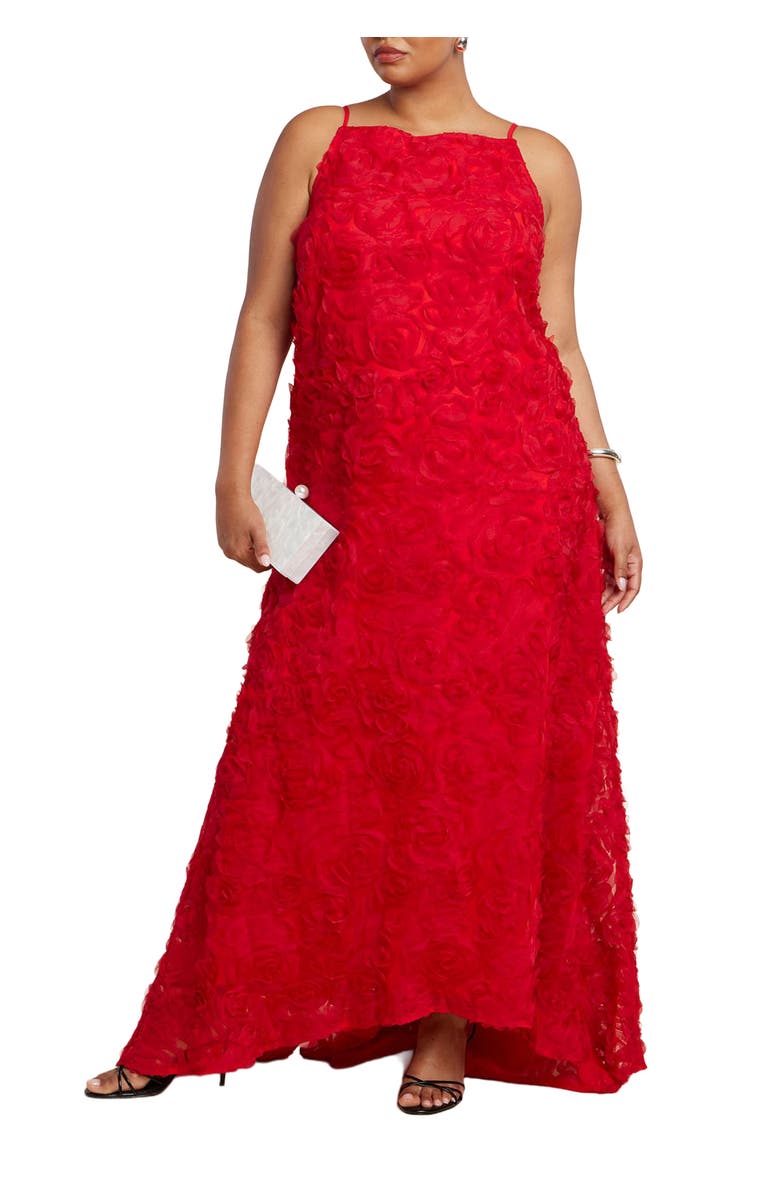 ELOQUII 3D Floral Texture Gown, Main, color, Goji Berry