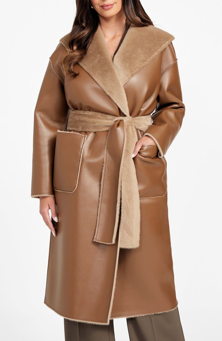 Marciano Ines Reversible Faux Leather & Faux Fur Coat, Alternate, color, Light Taupe