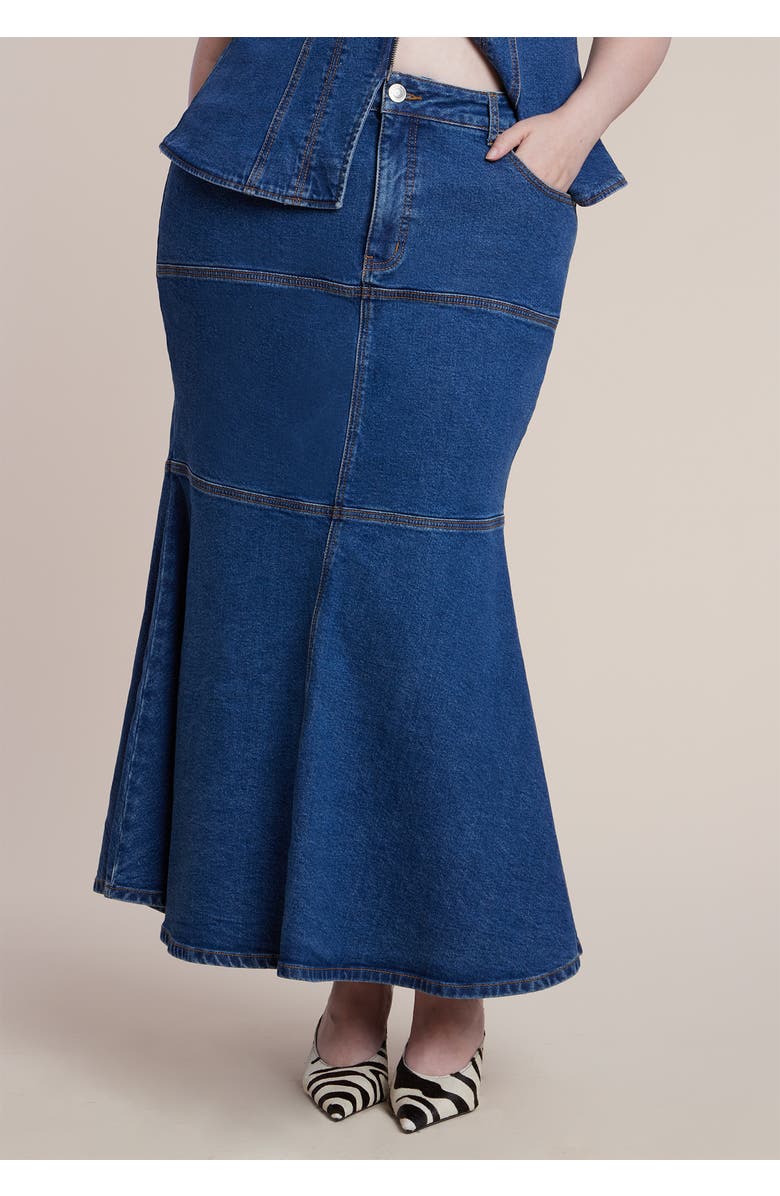 ELOQUII Denim Trumpet Maxi Skirt, Alternate, color, Medium Wash