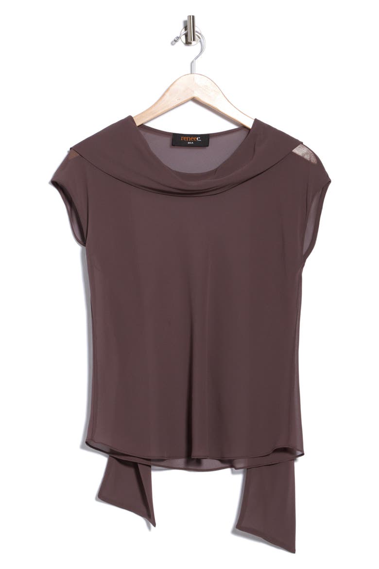 Cowl Neck Scarf Detail Sheer Top, Alternate, color, BROWN