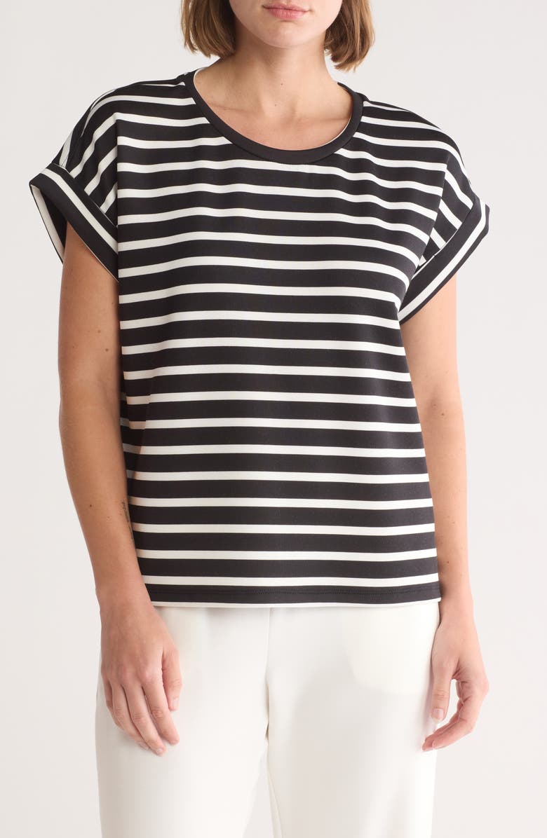 T Tahari Roll Sleeve Scuba Top, Main, color, Black/ White Stripe