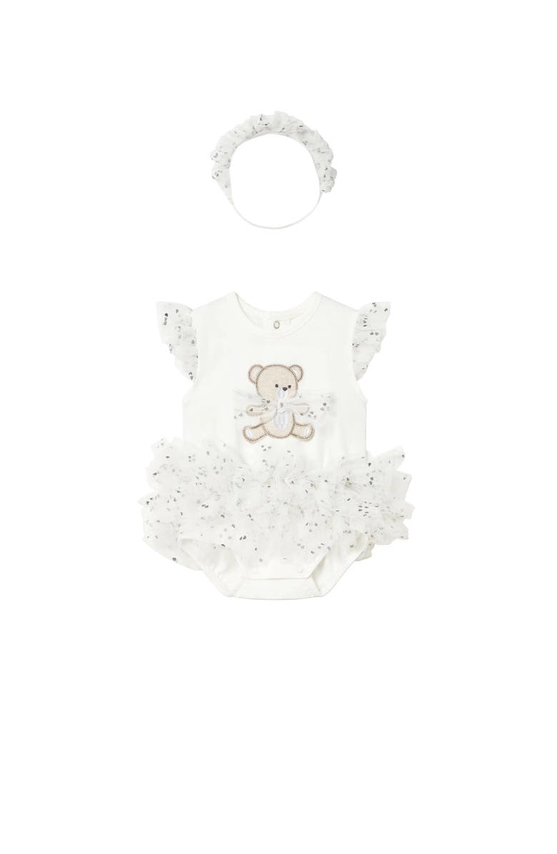 Mayoral Ruffled Romper with Tulle Skirt and Headband, Main, color, White