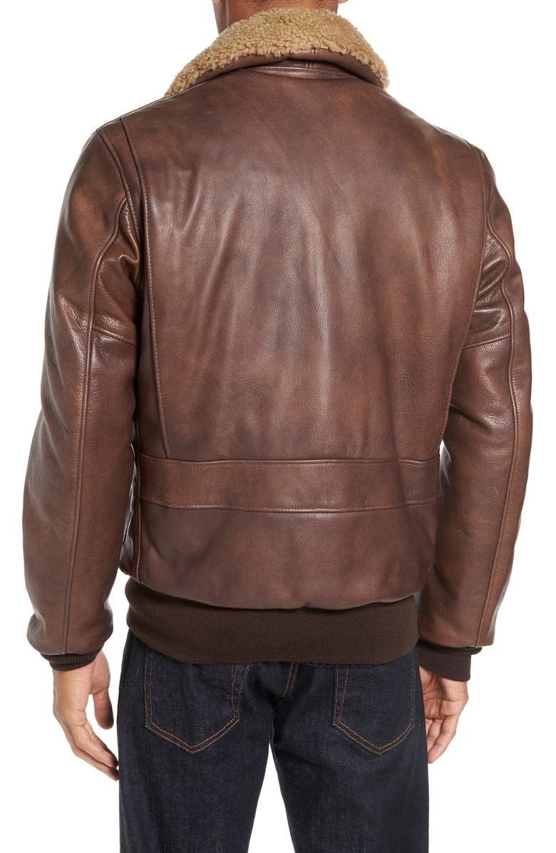 Schott NYC Cowhide Bomber Jacket with Genuine Shearling Collar, Alternate, color, Brown