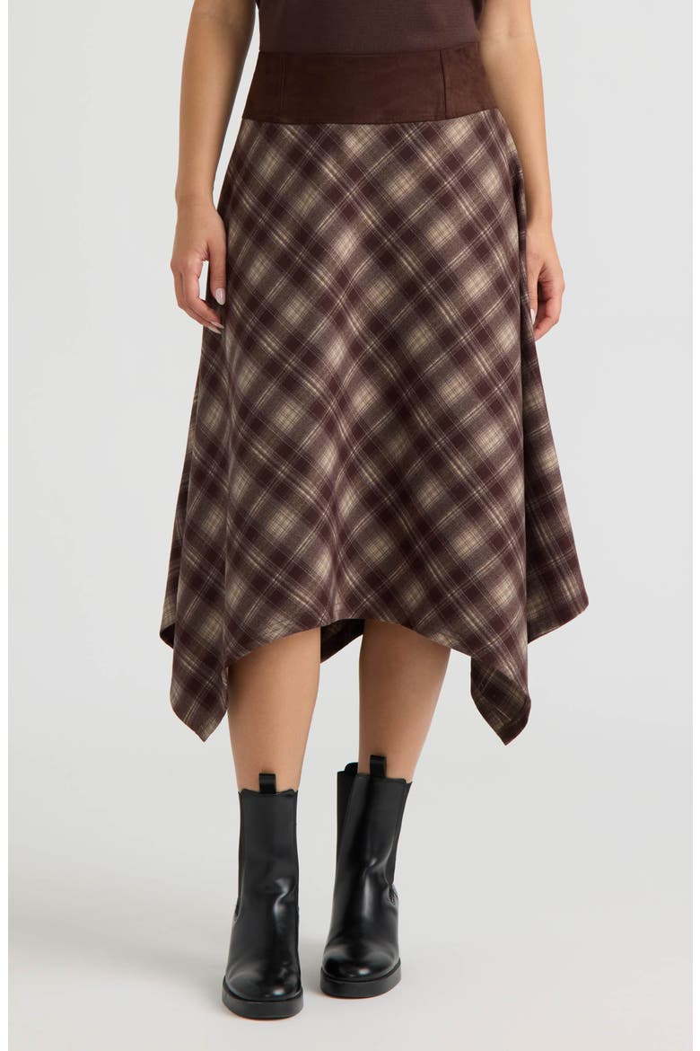 Plaid Handkerchief Hem Midi Skirt, Main, color, BROWN PLAID