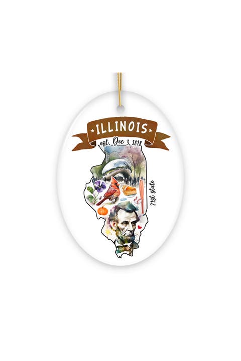 Illinois Watercolor Landmarks Ceramic Oval Ornament