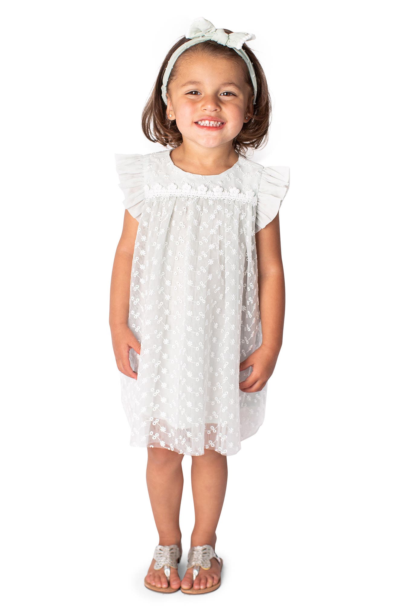 Popatu Floral Embroidered Mesh Overlay Dress in Ivory 