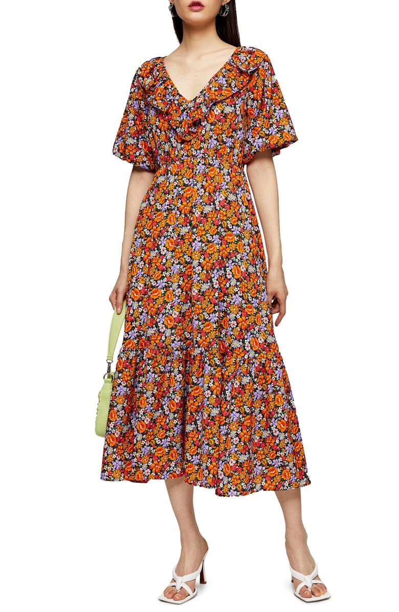 Topshop Ruffle Trim Floral Midi Dress, Main, color, 