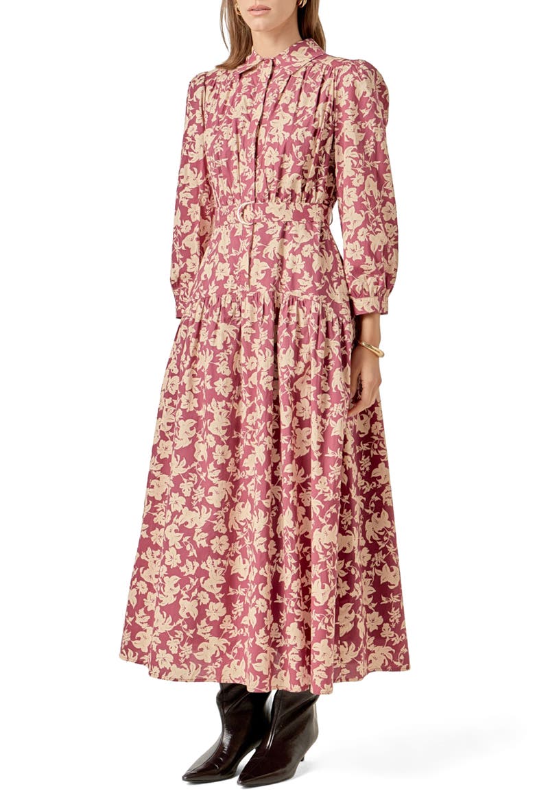 Belted Tiered Print Long Sleeve Cotton Midi Dress, Alternate, color, BURGUNDY/BEIGE