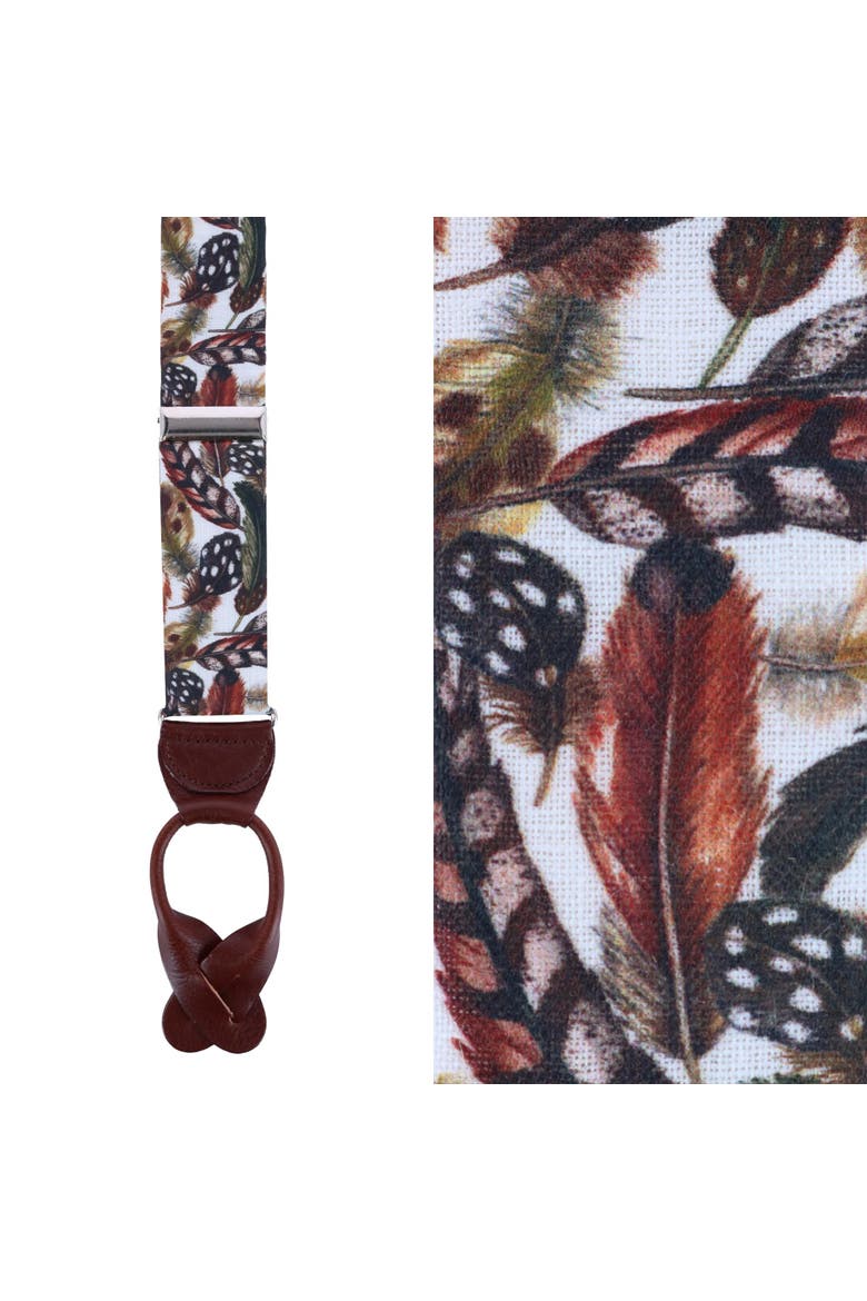 Birds of a Feather Linen Button End Suspenders, Main, color, Brown